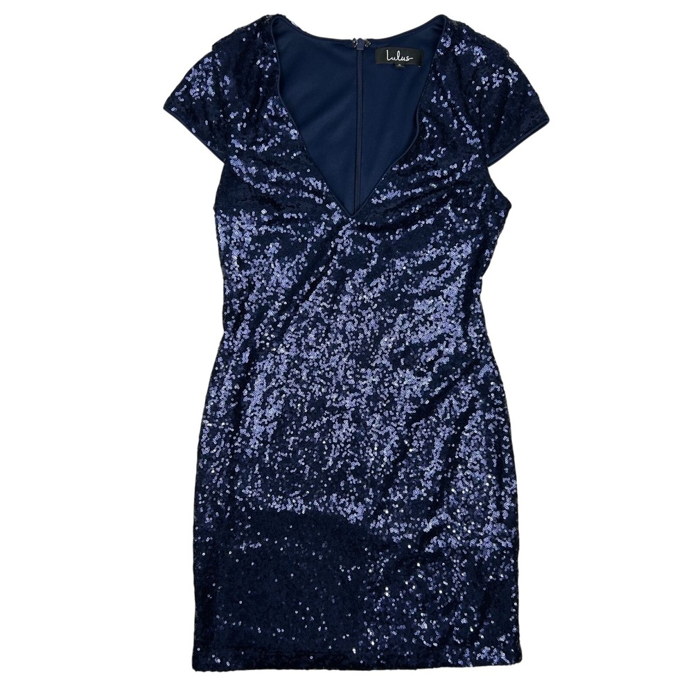 Lulus Navy‎ Blue Sequin V-Neck Cap Sleeve Mini Cocktail Dress Womens Small